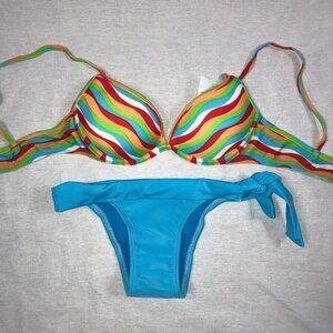 Recco Brazilian Striped Teal Side Tie Bikini Bottom & Striped Top. New